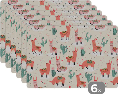 Placemat - Placemats kunststof - Lama - Patronen - Cactus - 45x30 cm - 6 stuks - Hittebestendig - Anti-Slip - Onderlegger - Afneembaar
