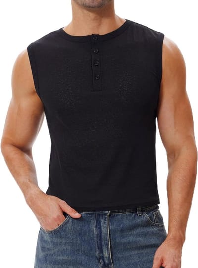 Mouwloos henley shirt voor heren, kort en doorzichtig, perfect voor festivals, feesten en raves