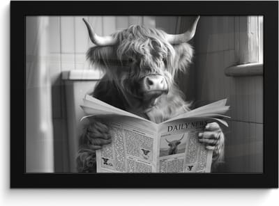 Poster in lijst - Fotolijst 30x20 cm - Posters - Schotse hooglander - Koe - Krant - WC - Zwart wit - Posterlijst zwart - Wanddecoratie badkamer - Muurdecoratie WC - Decoratieve accessoires - Toilet muur decoratie