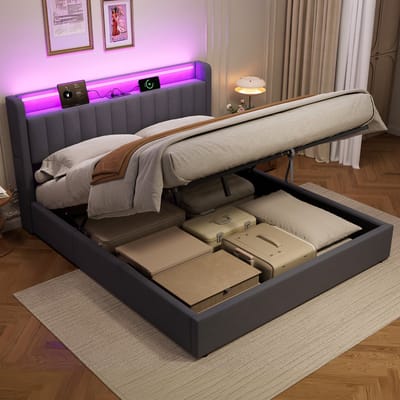 Wishdor Gestoffeerd Bed met LED & USB - Lits-jumeaux 180x200 cm - Hydraulisch, Zijtassen & Slank Hoofdbord - Fluweel Grijs