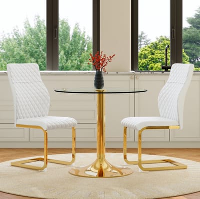 Set Tafel En Stoelen - Ronde Glazen Eettafel Met 2 Eetkamerstoelen - Comfortabel En Onderhoudsvriendelijk - Metaal - Wit Goud Transparant
