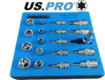 Uitgebreide Torx doppenset met uitwendige Torx doppen en normale torx bits in foam inlay 27-delig
