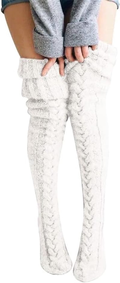 sokken dames wol gebreide warme kabel dij hoge pluizige sokken herfst winter mode lange laarzen sokken panty effen kleur dames meisjes kerstcadeau, Wit, Eén Maat
