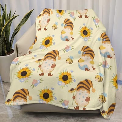 Lichtgewicht Fleece Plaid met Zonnebloemen en Bijen - Super Zachte Flanellen Deken