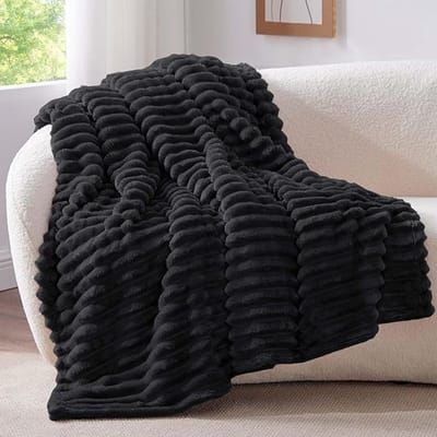 STAR&STER Knuffelige, Plaid zachte deken klein - zachte flanellen deken Black 125 x 150 cm voor de bank, decoratieve strepen koord fleece deken als banksprei voor de woonkamer, sprei voor breed gebruik