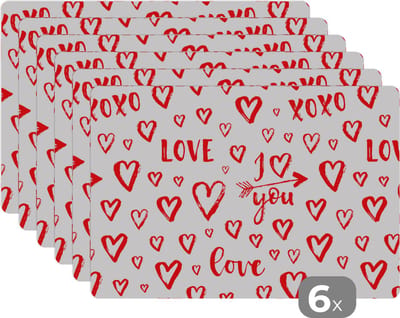 Placemat - Placemats kunststof - Love - Liefde - Liefdes cadeau - 45x30 cm - 6 stuks - Hittebestendig - Anti-Slip - Onderlegger - Afneembaar