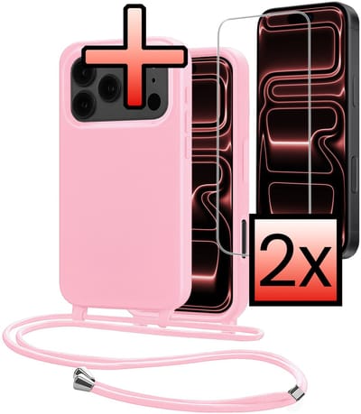 Hoes Geschikt voor iPhone 17 Pro Met Telefoonkoord Met 2x Screenprotector - Siliconen Hoesje Backcover Met Ketting - Lichtroze