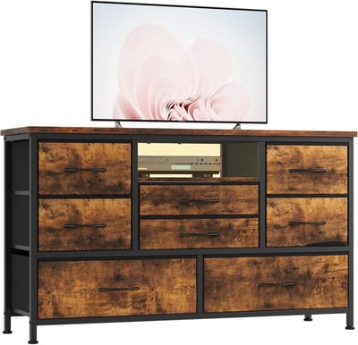 TV-meubel met led verlichting- ladekast met 8 laden- 3 stopcontacten en 2 USB-poorten- ladekast voor woonkamer- hal of slaapkamer- stevig metalen frame- houten tafelblad