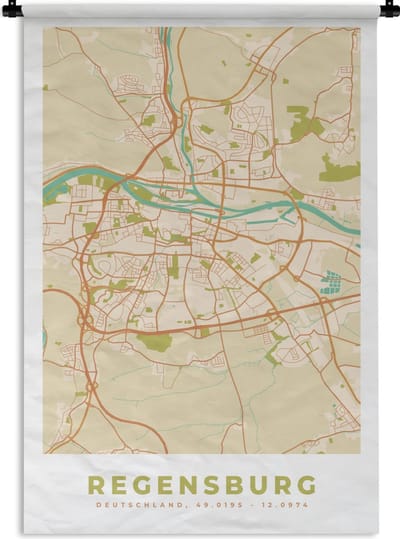 Wandkleed - Wanddoek - Regensburg - Plattegrond - Kaart - Vintage - Stadskaart - 120x180 cm - Wandtapijt