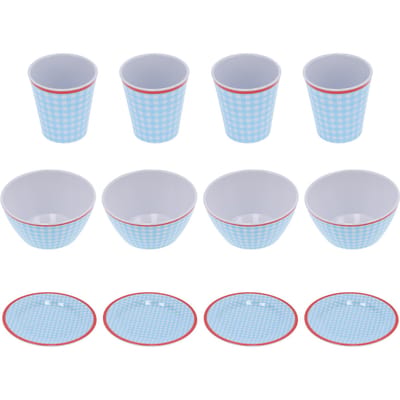 12 Pièces/Ensemble Vaisselle Ménagère Tasse Bol Assiette à Carreaux Bleu Clair pour Cuisine Maison Restaurant