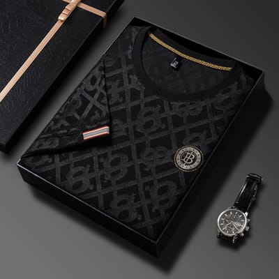 Nieuw Lente- en Zomer Heren Jacquard T-shirt met Korte Mouwen en Ronde Hals Slim Fit Ademend Casual 175 black