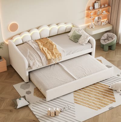 MEUNIQ Bedbank 90x200 cm met uitschuifbaar onderschuifbed en LED-verlichting, eenpersoons daybed van stof en MDF, beige, voor slaapkamer of logeerkamer