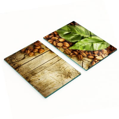 Stijlvolle en duurzame glazen snijplanken met koffie- en laurierbladprint, 2x40x52 cm