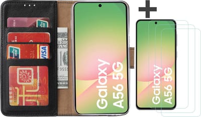 Hoesje met 3 Stuks Screenprotectors Geschikt voor Samsung Galaxy A56 – Arara bookcase met pasjeshouder - Zwart