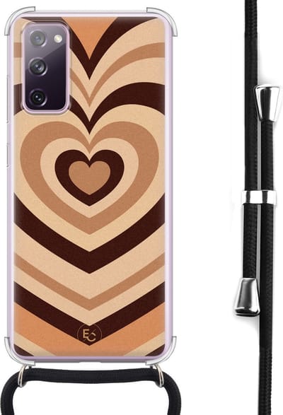 Hoesje met koord geschikt voor Samsung Galaxy S20 FE - Hart bruin - Inclusief koord - Crossbody beschermhoes - Transparant, Bruin - ELLECHIQ