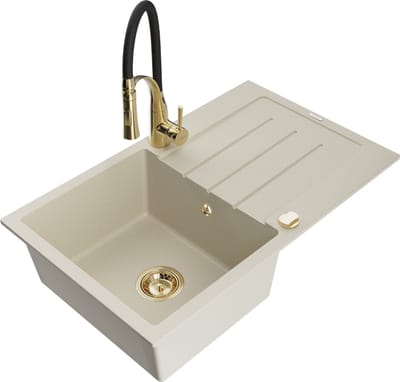 Mexen Bruno granieten gootsteen met 1 bak en afdruiprek en keukenmengkraan Aster, beige - 6513-69-73450-57-G