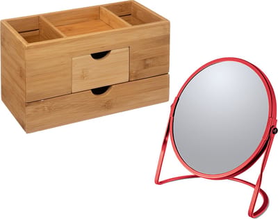 5Five Make-up organizer en spiegel set - lades/vakjes - bamboe/metaal - 5x zoom spiegel - rood/bruin
