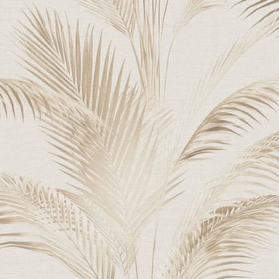 Natuur behang Profhome 399801-GU vliesbehang hardvinyl warmdruk in reliëf licht gestructureerd met palmen mat crème parelwit beige olijfgrijs 5,33 m2
