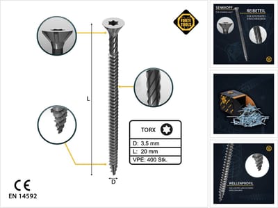 FORTE Tools universele houtschroef 3,5 x 20 mm T15 400 stuks ( 2x 000040113861 ) zilver verzinkt Torx verzonken kop volledig schroefdraad