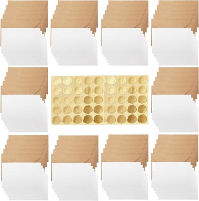 Set van 50 Kraft Papieren Enveloppen met Stickers en Witte Binnenkant voor Briefkaarten, Uitnodigingen en Verjaardagskaarten (DIN C6-160 x 110 mm)