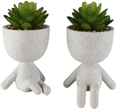 Dekoratief | Bloempot mannetje zittend, grijs, magnesium, 9x11x16cm, set van 2 stuks | A260861