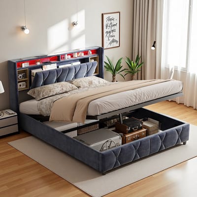 Boxspringbed 140x200 cm met LED Hoofdbord, USB-C Oplaadpunt, Lattenbodem en Opbergruimte, Gestoffeerd Tweepersoonsbed, Grijs Fluweel