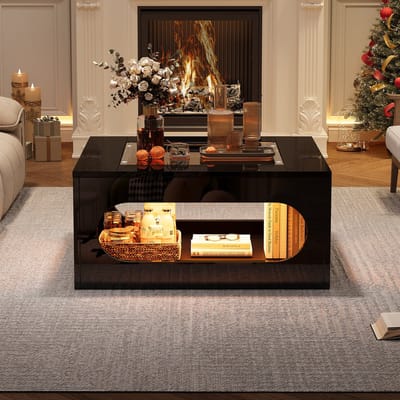 Wishdor vierkante salontafel 70×70×35 cm | zwart MDF, gehard glas bovenblad, appbediening LED met uitgehulde opslag