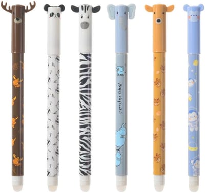 Set of 6 Erasable Gel Pens Animal Patterns Kawaii 0.5 mm with Animal Designs for Erasing Without Using the Sheet, Tip - ShopVlot
