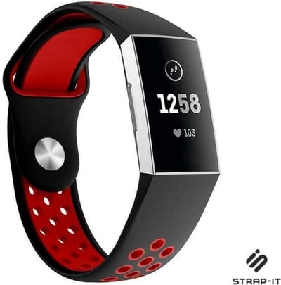 Strap-it Siliconen sport bandje - geschikt voor Fitbit Charge 3 / Fitbit Charge 4 - zwart/rood - Maat: Maat S