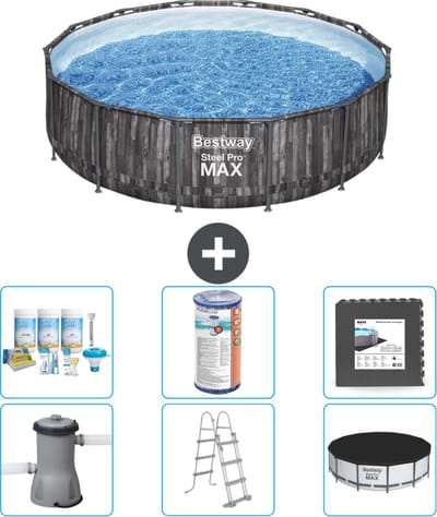 Bestway Rond Steel Pro MAX Zwembad - Houtprint - 427 x 107 cm - Inclusief Pomp - Ladder - Afdekzeil Onderhoudspakket - Filter - Vloertegels