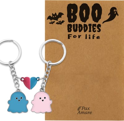 BFF Sleutelhanger voor 2 'Boo Buddies for Life ' - Spookjes + Magnetisch Hartje - Sleutelhanger set op Cadeau Kaartje - Zilverkleurig - Vriendschap Symbool - Pax Amare