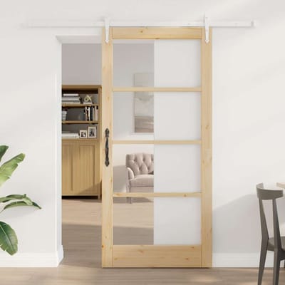 vidaXL - Schuifdeur - 93 - x - 202 - cm - Massief - grenenhout - en - glas - Naturel