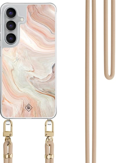 Casimoda® hoesje met beige koord - Geschikt voor Samsung S25 FE - Marmer Waves - Afneembaar koord - TPU/polycarbonaat - Bruin/beige