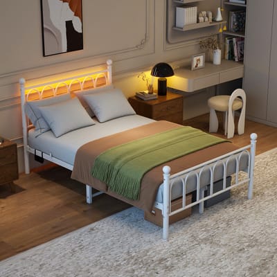 MEUNIQ bedframe 120x200 cm met LED, 2 USB-poorten en stopcontact, metalen lattenbodem, hoge hoofd- en voetplaat, 27 cm opbergruimte onder bed, wit