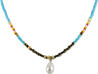 CO88 Collection 8CN-26313 Stalen Ketting met Kralen - Dames - Goudkleurig - 3 mm - Turkoois Mix - 2,5 mm - Parel - 15 x 8 mm - Lengte 40 + 5 cm - Multi