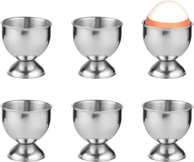 6 stuks eierdopjes roestvrij staal, met voet, stapelbaar, zilveren eierdopjes, camping, eierbekerhouder, ontbijt