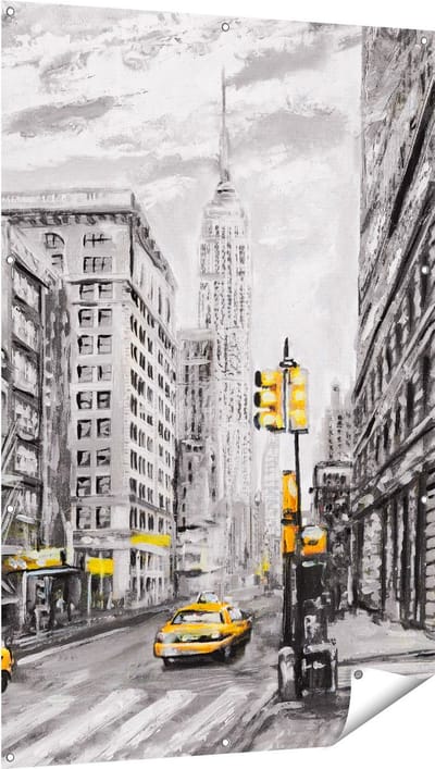 Gards Tuinposter Geschilderde New York Tekening - Zwart Wit - 100x150 cm - Tuindoek - Tuindecoratie - Wanddecoratie buiten - Tuinschilderij