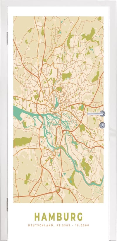 Deursticker Stadskaart - Hamburg - Kaart - Plattegrond - Vintage - 95x235 cm - Deurposter