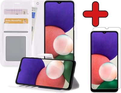 Hoesje - Met Screenprotector - Geschikt voor Samsung Galaxy A22 4G - Luxe Pasjeshouder - Flipcase - Bookcase Portemonee - Flip Case - Kunstleer Book Case - Book Cover - Walletcase - Portemonneehoes - Telefoonhoes - Wit