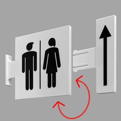 Toilet WC-bordje dames & heren – dubbelzijdig uithangbord – flag sign – met klikbare pijl – wand of plafond – 15 × 15 cm – 3D-geprint