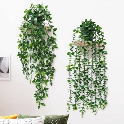 Hangplanten, eucalyptus, bladeren met potten, 50 cm lang, onderhoudsvrije kunstplanten, wijnstok, decoratie, planten voor tuin, binnen en buiten