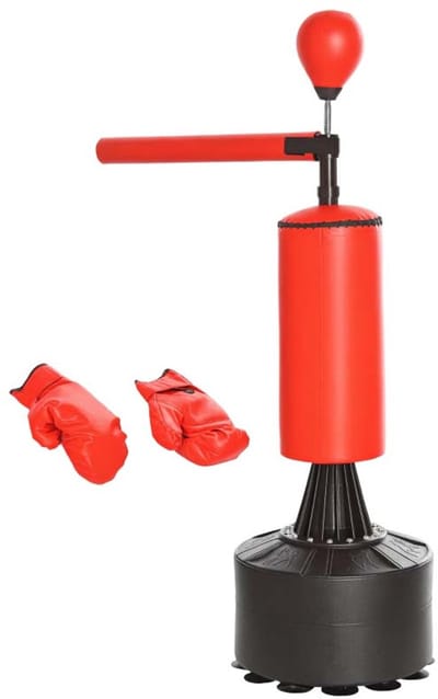 Bokszak 360° draaibare trainer met reflexbal, 360° draaibare arm, zuignapbasis, luchtpomp en bokshandschoenen, kan worden gevuld met zand/water, geschikt voor bokstraining 88x48x155-205cm Rood