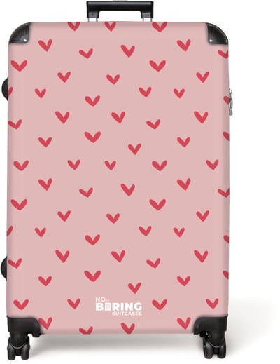 NoBoringSuitcases.com® - Koffer groot - Reiskoffer lichtgewicht - Hartjespatroon met roze kleuren - Rolkoffer met 4 wielen - Grote trolley XL - 98 liter bagage