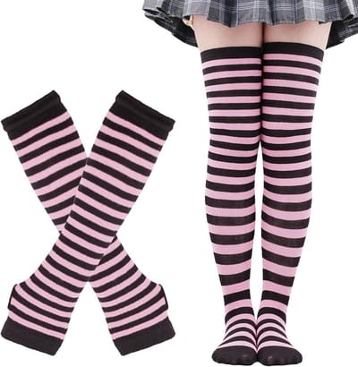 Gestreepte Kniesokken voor Dames met Vingerloze Handschoenen, Armwarmers en Beenwarmers voor Feestjes en Halloween Kostuums