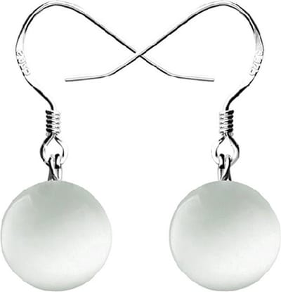 Edelstenen oorbellen Dangling White Cat's Eye - oorhanger - sterling zilver (925) - wit - kattenoog - luxe sieraden zakje - witte oorbellen - oorbellen dames