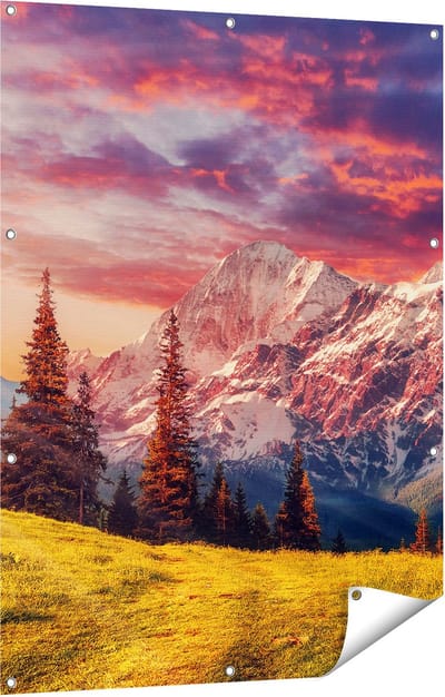 Gards Tuinposter Alpen Landschap met een Kleurrijke Hemel - 90x120 cm - Tuindoek - Tuindecoratie - Wanddecoratie buiten - Tuinschilderij