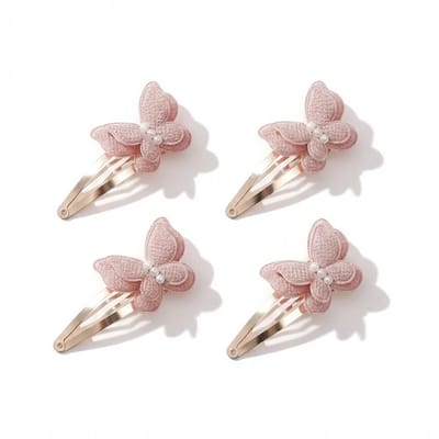 Roze vlinder haarspeldjes set voor meisjes – textiel haarspeldjes met parel details – 4 stuks – goudkleurige haar clips met zachte vlinder applicatie