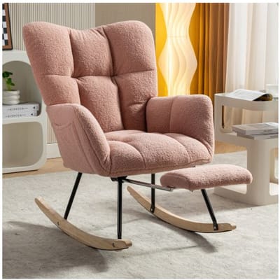 Fauteuil à bascule - MUVOE - Moderne - Rose - Repose-pieds extensible - Tissu peluche tufté roze