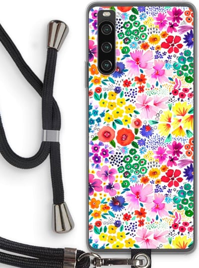 Case Company® - Hoesje met koord geschikt voor Sony Xperia 10 IV hoesje met Koord - Little Flowers - Telefoonhoesje met Zwart Koord - Bescherming aan alle Kanten en Over de Schermrand