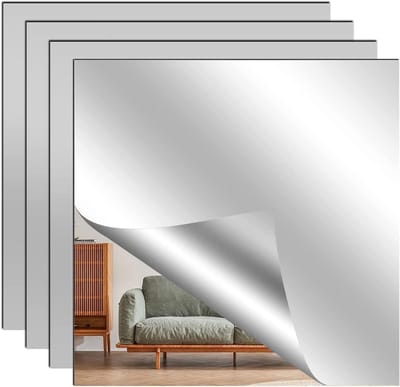 Dailygoods - Muurstickers, spiegel zonder lijst, 4 stuks spiegel van acryl, muurstickers, 20 x 20 cm, spiegel voor kast, stickers voor slaapkamer, woonkamer